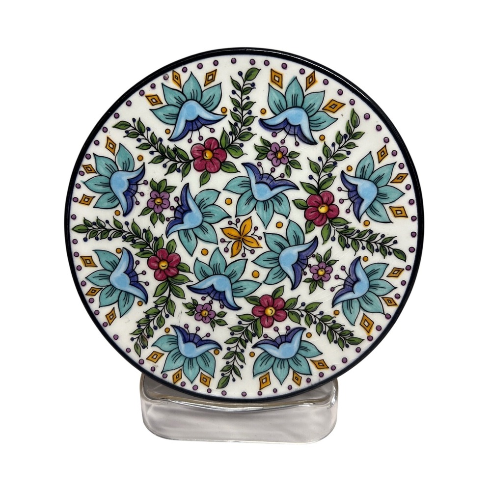Ceraplat Hand Painted Spain Ceramic Floral Wall Hanging Plate Blue Pink 4.75in